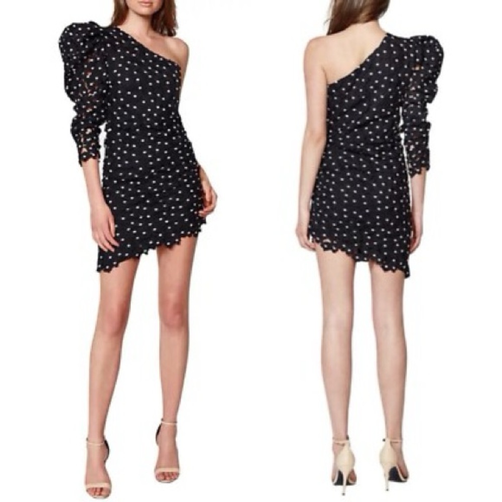 Bardot Effie Lace One-Shoulder Puff Sleeve Dress Black White XS size 4
